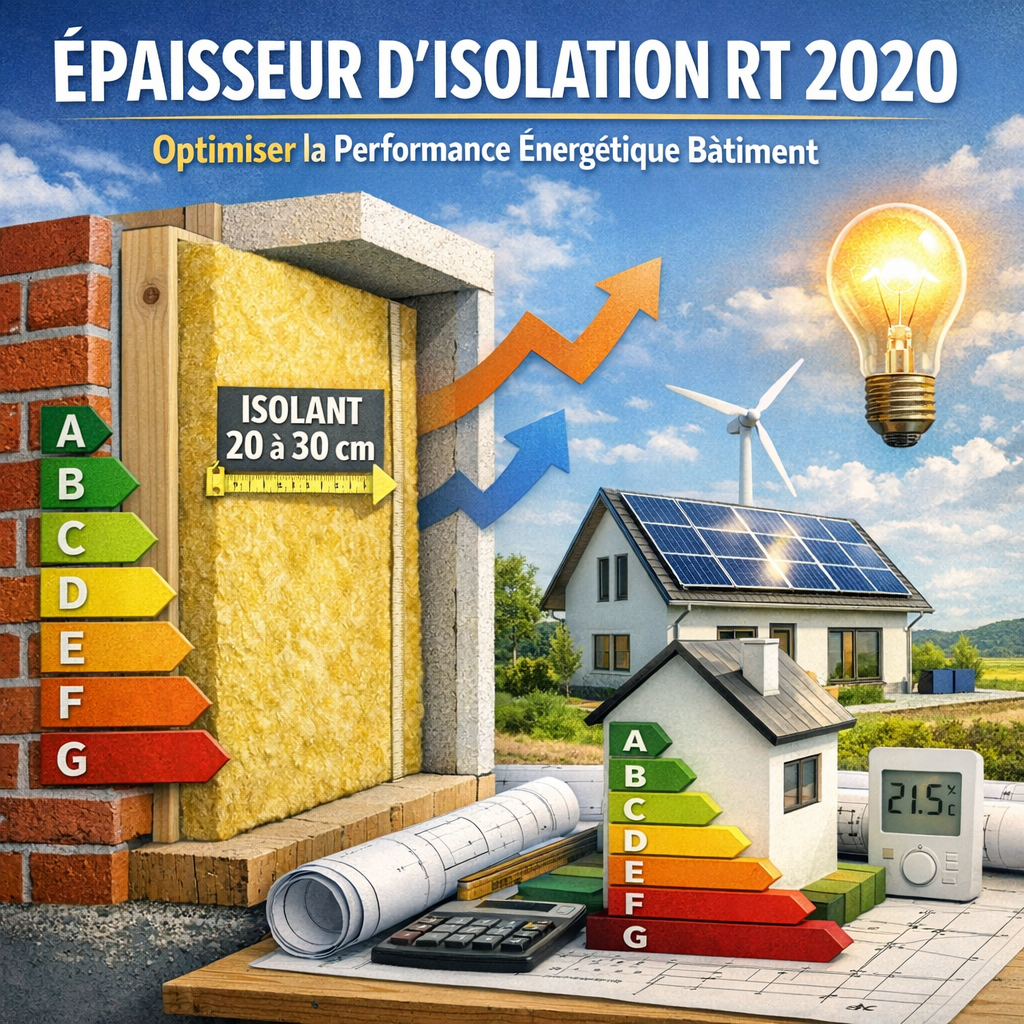 Illustration showing building insulation thickness, eco-friendly house, and energy rating charts for RT 2020 standards.