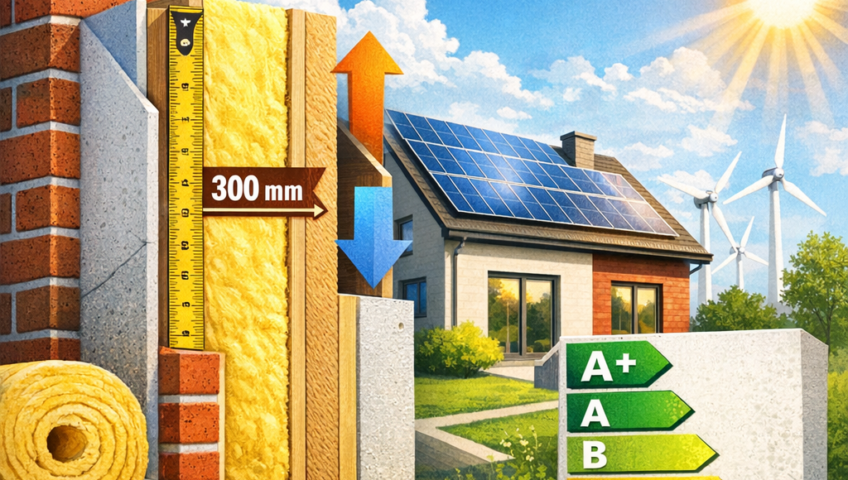 Illustration showing optimal RT 2020 insulation thickness with solar panels and building energy efficiency rating.