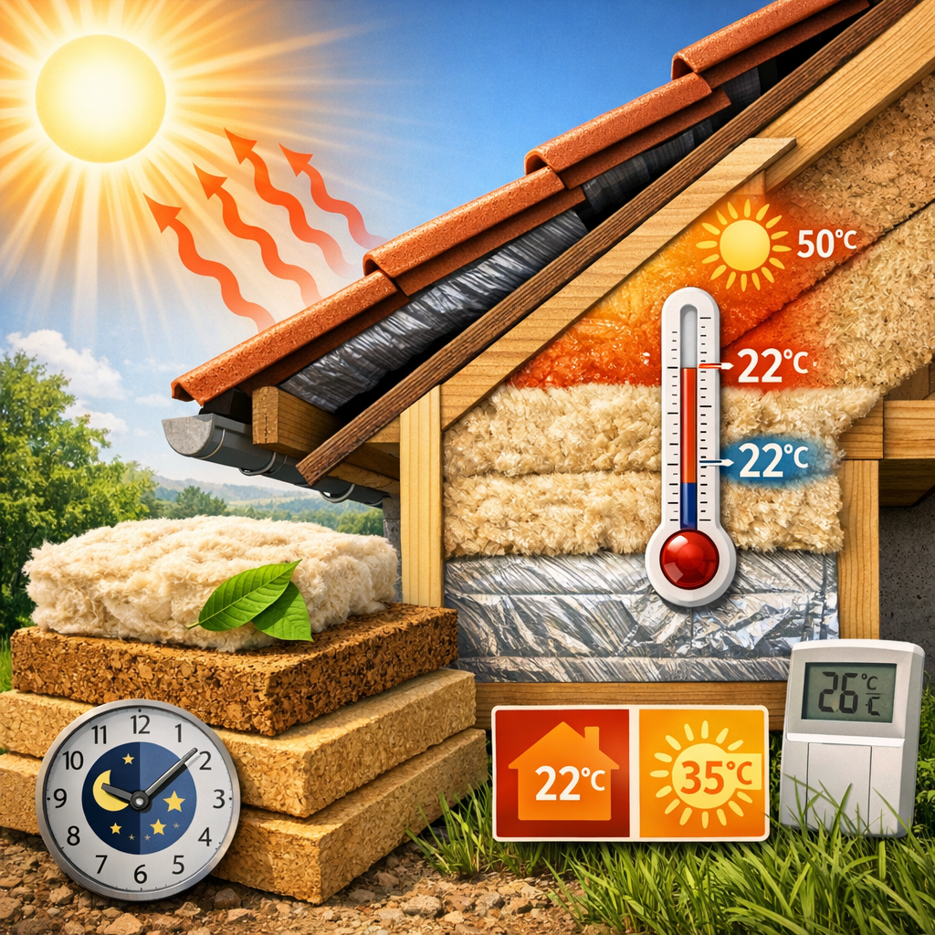 Illustration of eco-friendly roof insulation reducing heat transfer and maintaining cool indoor temperature in summer.