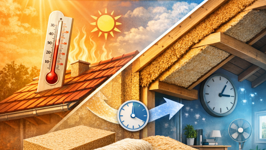 Diagramme illustrant le fonctionnement d'un isolant avec bon déphasage thermique pour réduire la surchauffe estivale.