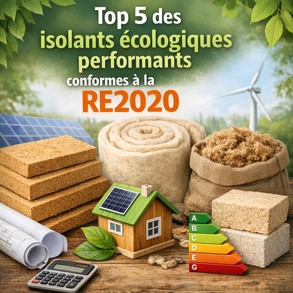 Illustration des top 5 isolants écologiques performants conformes à la RE2020 pour une isolation durable.